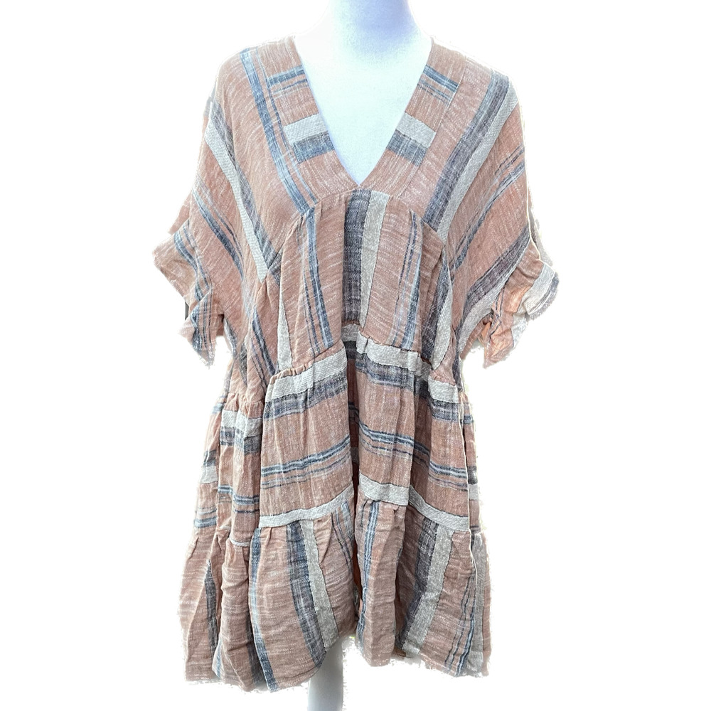 Lulus Striped Mini Dress Tiered Double V Neck Dusty Orange, Blue, White Size S